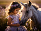 Portrait of a cute little girl with her pony in a lavender field