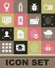 Canvas Print - Set Cyber security, Internet of things, Fingerprint, System bug, Mobile and face recognition, Create account screen, and Credit card with lock icon. Vector