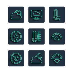 Poster - Set line Celsius, Cloud with moon, Sunset, Meteorology thermometer, Lightning bolt, and cloud weather and Sunrise icon. Vector