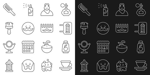 Sticker - Set line Coffee cup, Bottle shampoo, Barber shop pole, Client in barbershop, Mustache, Shaving brush, Hairbrush and icon. Vector