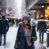 Fototapeta Fototapety miasta na ścianę - Dziewczyna ubrana w zimową kurtkę i czapkę z pomponem na zaśnieżonej ulicy w mieście