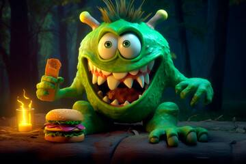 Wall Mural - Funny creature eats a burger. Funny green monster eating a hamburger. Diet violations, night gluttony. Image for children's book, pizzeria, notebook.