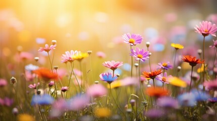 Wall Mural - Summer Greeting Card: Colorful Floral Meadow with Sunbeams and Bokeh Lights - Beautiful Nature Landscape Background with Beauty and Sunlight