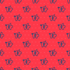 Wall Mural - Blue line Piggy bank icon isolated seamless pattern on red background. Icon saving or accumulation of money, investment. Vector