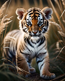 Fototapeta  - Młody tygrys wśród traw, afrykańska sawanna