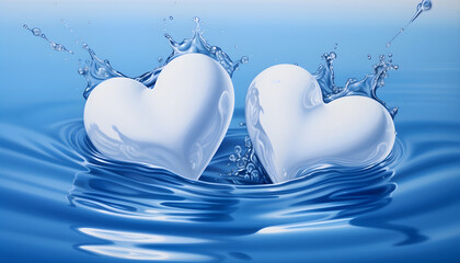 Two glossy white hearts on a background of water.