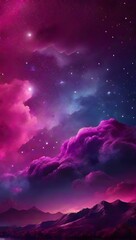 Wall Mural - Fuchsia pink colored gradient mystical sky with clouds and stars phone background wallpaper, ai generated