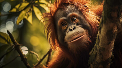 an orangutan hanging on a tree branch with its eyes wide open