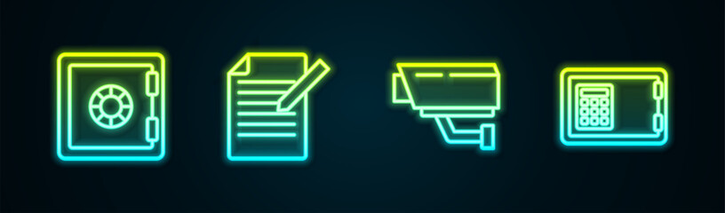 Canvas Print - Set line Safe, Document and pen, Security camera and . Glowing neon icon. Vector