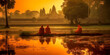 Monks contemplating the sunset in front of the Angkor Wat Hindu temple. Generative AI.