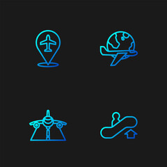 Sticker - Set line Escalator up, Plane, and Globe with flying plane. Gradient color icons. Vector