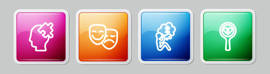 Poster - Set line Solution to the problem, Comedy and tragedy masks, Man graves funeral sorrow and Broken heart divorce. Colorful square button. Vector