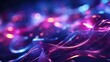 Abstract background with intertwined digital glitch with pink and blue glowing neon lines and bokeh lights