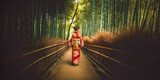 Fototapeta Dziecięca - Japanese Geisha, walking through a bamboo forest. Generative AI.
