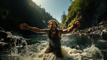 Young Man Splashing Water In A Mountain River, Enjoying The Freedom.