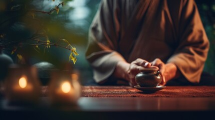 Wall Mural - A person sitting in front of a tea pot with candles, AI