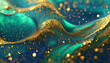 various stains and overflows of gold particles in blue fluid with green tints golden particles dust and smooth defocused background liquid iridescent shiny backdrop with depth of field