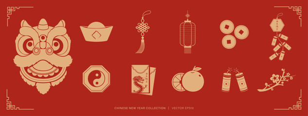 Wall Mural - chinese lunar new year decoration element set on red background, vector illustration flat design