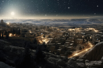 Poster - Christmas star over city of Bethlehem. Nativity story. Birth of Jesus Christ. Beautiful dark blue starry sky and bright star background