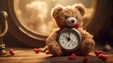 A teddy bear holding a heart-shaped clock, "Time stands still when I'm with you."