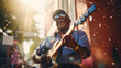 An African-American elderly talented musician plays the electric guitar on a bright street of a southern city