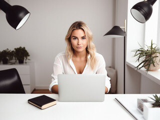 Wall Mural - A young woman working on a laptop at a modern work office!