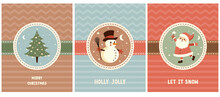 Winter Holidays Vector Card With Cute Happy Snowman, Christmas Tree, Santa Claus And Stars Isolated On A Green, Blue And Red Background. Funny Christmas Print Ideal For Card, Wishes. Rgb Colors.