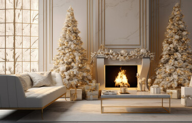 Modern interior with decorated Christmas tree and fireplace