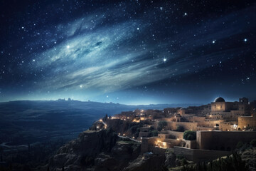 christmas star over city of bethlehem. nativity story. birth of jesus christ. beautiful dark blue st