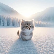 A Kitten Is Sitting On Top Of The Snow Covered Ground