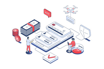Aufkleber - Mobile wallet app concept in 3d isometric design. Clients managing personal financial credit cards and accounts in online banking. Illustration with isometry people scene for web graphic.