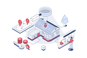 Wall Mural - real estate concept in 3d isometric design. man researching architect blueprints, searching new home