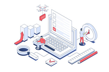 Fototapete - Online survey concept in 3d isometric design. Men filling questionnaire on laptop, giving feedback, marking answers in checklist form. Illustration with isometry people scene for web graphic.