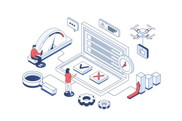 Internet survey concept in 3d isometric design. Users answering in checkbox list, giving client feedback in online questionnaire form. Illustration with isometry people scene for web graphic.