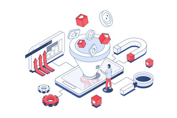 Poster - Social media funnel concept in 3d isometric design. Marketer attracting new audience and converting, using lead generations strategy. Illustration with isometry people scene for web graphic.