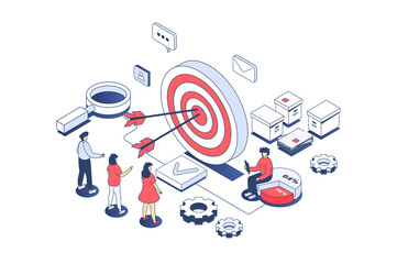 Poster - Target audience concept in 3d isometric design. Business team studying customer focus group, creating advertising for attract clients. Illustration with isometry people scene for web graphic.