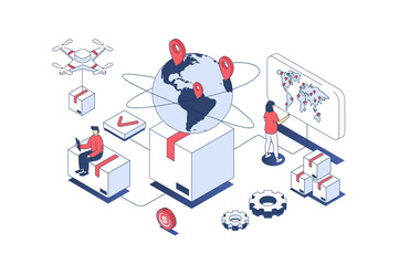 Aufkleber - Worldwide delivery concept in 3d isometric design. Managers working in global logistic company with parcel airmail and van shipping. Illustration with isometry people scene for web graphic.
