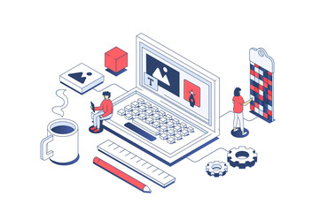 Fototapete - Web design concept in 3d isometric design. Designer team creating digital content and site elements, making and settings homepages. Illustration with isometry people scene for web graphic.