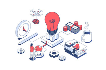 Leinwandbilder - Startup concept in 3d isometric design. Business team brainstorming and creating new company, attracting investment for development. Illustration with isometry people scene for web graphic.