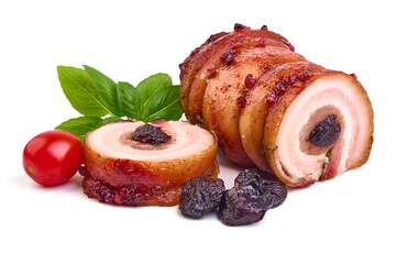 Wall Mural - Pork Roast pork with prunes, isolated on white background. close-up.