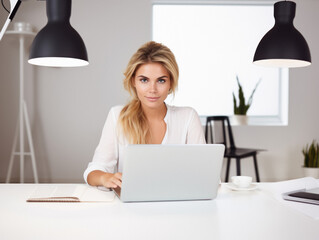 Wall Mural - A young woman working on a laptop at a modern work office!