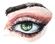 © Victoria - Watercolor woman eye closeup portrait.Abstract themed design. Woman face withlong eye lashes  illustration. Makeup logo.