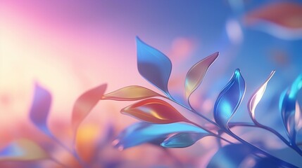 A branch with translucent glass or plastic leaves in blue-violet colors on a gradient background. Illustration for cover, card, postcard, interior design, banner, poster, brochure or presentation.
