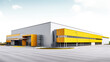 Grey yellow Outside of Logistics Warehouse with Open Door, Truck Delivering Online Orders, Purchases, E-Commerce Goods, Wholesale Merchandise.