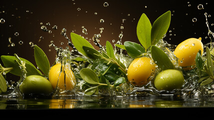 Wall Mural - Olives and olive oil floating on a green background. Delicious green olives leaves. generative ai