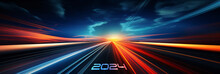 Driving On The Road To Success - 2024 Year Number On The Highway, Sunrise In The New Year