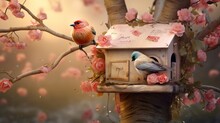 Lovebirds Exchanging Love Letters Through A Charming Birdhouse Mailbox.
