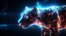 A Blue Lava Glowing Neon Panther Shaped By Digital Lasers.
