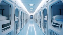 Capsule Hotel, A Hallway With Bunk Beds In Small Compartments, Futuristic, Sleek Finish, White And Blue.