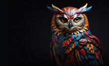 Colorful Owl Isolated On Black Background. Wildlife Animals. Bird. Illustration